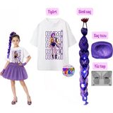 Bemora Kids Kpop Rumi Baskılı Huntrix Iblis Avcıları Baskılı Tişört Rumi Mor Simli Saç +Yüz Taşı+Saç Tozu Set Parti Doğum Günü - 13 - 14 Yaş