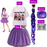 Bemora Kids Kpop Rumi Huntrix Iblis Avcıları Baskılı Tişört + Mor Balon Etek +Rumi Mor Simli Saç +Yüz Taşı+Saç Tozu Set Parti Doğum Günü - 9 - 10 Yaş