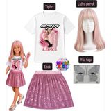Bemora Kids Manifest Lidya Baskılı Tişört + Pembe Pullu Etek + Lidya Saç Peruk + Yüz Taşı 4 Lü Set Parti Konser Doğum Günü - 9 - 10 Yaş