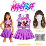 Bemora Kids Manifest Mor Etek Bluz Alt Üst 2 Li Takım Şort Etek Kız Çocuk Alt Üst Takım Manifest Esin Kahverengi Sarı Peruk - Yüz Taşı Seti Parti Konser Doğum Günü Plaj Giyim - 13 - 14 Yaş