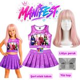 Bemora Kids Manifest Mor Etek Bluz Alt Üst 2 Li Takım Şort Etek Kız Çocuk Alt Üst Takım Manifest Lidya Sarı Pembe Peruk - Yüz Taşı Seti Parti Konser Doğum Günü Plaj Giyim - 3 - 4 Yaş