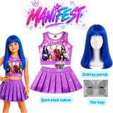 Bemora Kids Manifest Mor Etek Bluz Alt Üst 2 Li Takım Şort Etek Kız Çocuk Alt Üst Takım Manifest Zoktay Mavi Peruk - Yüz Taşı Seti Parti Konser Doğum Günü Plaj Giyim - 3 - 4 Yaş