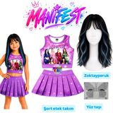 Bemora Kids Manifest Mor Etek Bluz Alt Üst 2 Li Takım Şort Etek Kız Çocuk Alt Üst Takım Manifest Zoktay Siyah Mavi Peruk - Yüz Taşı Seti Parti Konser Doğum Günü Plaj Giyim - 4 - 5 Yaş