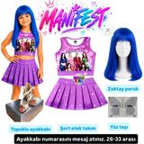 Bemora Kids Manifest Mor Etek Bluz Alt Üst 2 Li Takım Şort Etek Takım Manifest Zoktayy Mavi Peruk - Yüz Taşı Seti - Manifest Topuklu Ayakkabı Parti Konser Doğum Günü Plaj Giyim - 4 - 5 Yaş