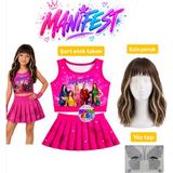 Bemora Kids Manifest Pembe Etek Bluz Alt Üst 2 Li Takım Şort Etek Kız Çocuk Alt Üst Takım Manifest Esin Kahverengi Sarı Peruk - Yüz Taşı Seti Parti Konser Doğum Günü Plaj Giyim - 4 - 5 Yaş