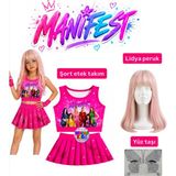 Bemora Kids Manifest Pembe Etek Bluz Alt Üst 2 Li Takım Şort Etek Kız Çocuk Alt Üst Takım Manifest Lidya Sarı Pembe Peruk - Yüz Taşı Seti Parti Konser Doğum Günü Plaj Giyim - 9 - 10 Yaş