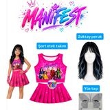 Bemora Kids Manifest Pembe Etek Bluz Alt Üst 2 Li Takım Şort Etek Kız Çocuk Alt Üst Takım Manifest Zoktay Siyah Mavi Peruk - Yüz Taşı Seti Parti Konser Doğum Günü Plaj Giyim - 7 - 8 Yaş