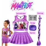 Bemora Kids Manifest Şort Etek Üst Büstiyer Örgü Zincirli Mor - Lila Renk Saç Manifest Aksesuar Seti Mor Saç Tozu - Yüz Taşı - 4 - 5 Yaş
