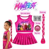 Bemora Kids Manifest Şort Etek Üst Büstiyer Örgü Zincirli Pembe Renk Saç Manifest Aksesuar Seti Pembe Saç Tozu - Yüz Taşı - 4 - 5 Yaş