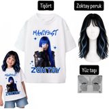 Bemora Kids Manifest Zoktay Tişört T-Shirt Zoktay Siyah Mavi Peruk Yüz Taşı Seti Doğum Günü Parti Kız Çocuk - 7 - 8 Yaş