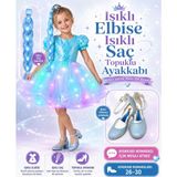 Bemora Kids Payetli Mavi Işıklı Elbise Işıklı Saç Elsa Mavi Topuklu Ayakkabı 3 Lü Takım Kostüm Elsa Prenses Düğün Bayram Parti Doğum Günü Özel Gün - 7 Yaş