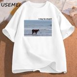 Ben Plaj Komik Meme T Shirt Üzerinde Aptal Inek Olabilir Pamuk Kısa Kollu Erkek Moda O-Boyun 2914 - Beyaz - XL