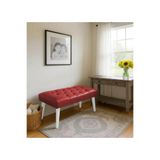 Bench Bank Puf - Suni Deri - Beyaz Ahşap Ayaklı - Retro Modern Tasarım & Dekoratif Sehpa
