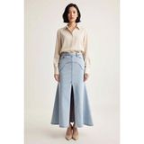 Benerly Kadın Maxi Denim Etek Yüksek Bel Yırtmaçlı Uzun Kesim %99 Pamuk Konforlu Rahat Günlük Modern Şık - Açık Mavi - 32