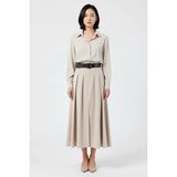 Benerly Kadın Maxi Pileli Uzun Etek Deri Kemerli Şifon Dokuma Modal Karışım Astarlı Zarif Günlük Rahat Şık - Taş