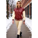 Benerly Kadın Oversize Ceket Yaka Düşük Kol Suni Deri Fonksiyonel Dayanıklı Kaliteli Konforlu Spor - 2XS - Bordo - Krem