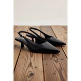 Benerly Kadın Sivri Burunlu Slingback Kitten Topuklu Ayakkabı Leopar Desen Hakiki Deri Günlük Rahat Modern - Siyah