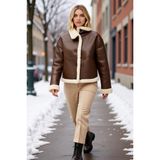 Benerly Kadın Suni Deri Ceket Yaka Standart Kol Oversize Kalıp Fonksiyonel Dayanıklı Kaliteli Spor - M - Kahverengi