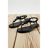 Benerly Kadın T-Strap Sandalet Bilekten Bağlamalı Taş Detaylı Düz Topuklu Yaz Ayakkabısı Günlük Rahat Modern - Siyah