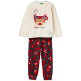 Benetton Erkek Çocuk Kırmızı-Krem Üstü Yılbaşı Baskılı Altı Desenli Pijama Takımı