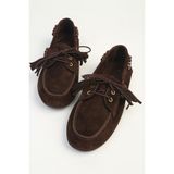 Benetton Kahve Süet Boncuk Detaylı Bağcıklı Kadın Loafer Ayakkabı