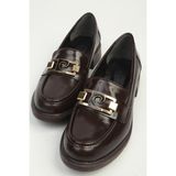 Benetton Kahverengi Rugan Kalın Taban Metal Tokalı Kadın Loafer Ayakkabı PC-56056 - Parlak Kahverengi