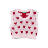 Benetton Kız Çocuk Açık Pembe Tamamı Kalp Desenli Kolsuz V Yaka Süveter