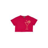 Benetton Kız Çocuk Fuşya Nakışlı Bisiklet Yaka Crop T-Shirt, Fuşya, 10-11 Yaş