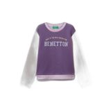 Benetton Kız Çocuk Lila-Fuşya-Bej Önü Simli Logo Baskılı Nervürlü Regular Fit Sweatshirt, Lila-Fuşya-Bej, 2-3 Yaş