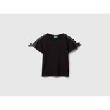 Benetton Kız Çocuk Logo Işlemeli Omuzları Simli Kurdeleli T-Shirt - Siyah - 7 - 8 Yaş