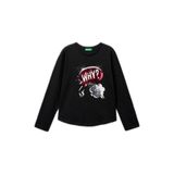 Benetton Kız Çocuk Siyah Önü Pullu Baskı Detaylı Etek Ucu Yuvarlak Uzun Kollu T-Shirt