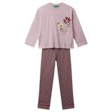 Benetton Kız Çocuk Toz Pembe-Mor Üstü Baskılı Cep Detaylı Altı Desenli Slim Fit Pijama Takımı
