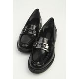 Benetton Siyah Rugan Kalın Taban Metal Tokalı Kadın Loafer Ayakkabı PC-56056 - Siyah Parlak
