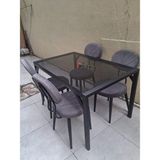Bengi Ankara Mobilya Masa 90550 Cam Metal Siyah Ayak Füme Cam Temperli 8mm Sabit Masa 4 Adet Sandalye Takım
