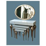 Bengi Ticaret Dresuar-Zigon Tombul Imza Oval Ayna Kayın Mdf Ayak Tabla Parlak Gold-Beyaz Uyum