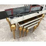 Bengi Ticaret Zigon-Dresuar Sehpa Tombul Torna Model Parlak Gold Renk Kayın Ayak Çizgili Ayna Tabla El Yapım