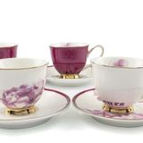 Benim Evim Rose Fleurs Çiçek Desenli Porselen Kahve Fincan Seti, 2 Kişilik, 90 ml, Pembe-Beyaz, Altın Yaldızlı