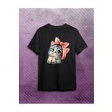 Benin Sevimli Kedi baskılı kadın T-shirt - Siyah-stk1042
