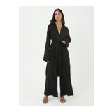 Benin Viskon Kumaş Uzun Kimono & Pantolon Takım - Siyah -