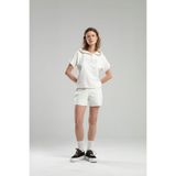 Benmanaj Kadın Kapüşonlu, Baskılı, Oversize Crop T-Shirt, Beyaz, XS