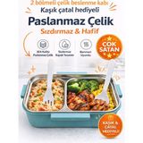 Benmarili Paslanmaz Çelik Yemek Kabı 2 Bölmeli Beslenme Kabı Saklama Kabı - 300 ml - Turkuaz