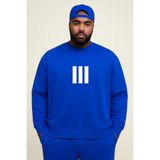 BENROMA 3 Iplik Penye 3 Çizgi Baskılı Büyük Beden Unisex Sweatshirt, Saks Mavisi, L