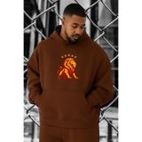 BENROMA 3 Iplik Penye Aslan Baskılı Büyük Beden Sweatshirt, Kahverengi, 3XL