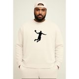 BENROMA 3 Iplik Penye Basketbolcu Baskılı Büyük Beden Unisex Sweatshirt, Beyaz, 4XL