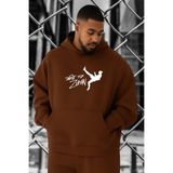 BENROMA 3 Iplik Penye Boksör Baskılı Büyük Beden Sweatshirt, Kahverengi, 4XL