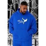 BENROMA 3 Iplik Penye Boksör Baskılı Büyük Beden Sweatshirt, Saks Mavisi, XL