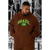 BENROMA 3 Iplik Penye Brazil Baskılı Büyük Beden Sweatshirt, Kahverengi, 2XL