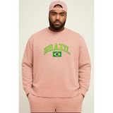 BENROMA 3 Iplik Penye Brazil Baskılı Büyük Beden Unisex Sweatshirt, Pembe, 2XL