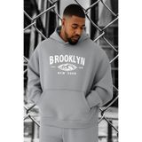BENROMA 3 Iplik Penye Brooklyn Baskılı Büyük Beden Sweatshirt, Gri, S