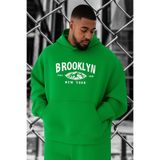 BENROMA 3 Iplik Penye Brooklyn Baskılı Büyük Beden Sweatshirt, Yeşil, 2XL